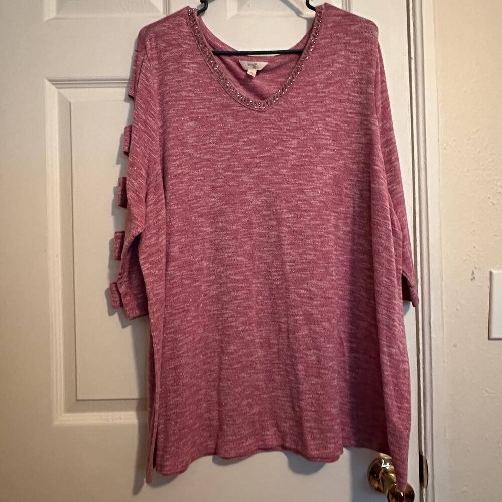 Terra & Sky Ladies Pink Rhinestone neckline woman's sweater like blouse size 2X